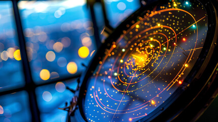 Close-up of air traffic control radar screen with glowing flight paths and control tower windows , aviation monitoring technology concept with real-time data visualization and flight safety systems.