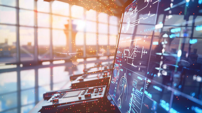 Close-up of air traffic control radar screen with glowing flight paths and control tower windows , aviation monitoring technology concept with real-time data visualization and flight safety systems. - Powered by Adobe