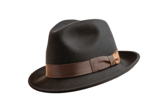 [Transparent Background PNG]Stylish Dark Gray Fedora Hat with Brown Trim