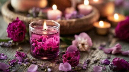 Relaxing purple scented candles burning with dried flowers on rustic wood table - Powered by Adobe