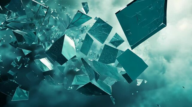 Shattered teal glass cubes explode in dark smoky sky
