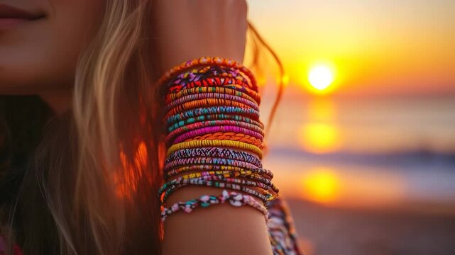 Woman wearing colorful bracelets enjoying sunset at beach