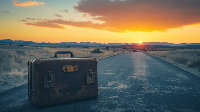 Vintage suitcase lies on a desert road at sunset, embarking on a journey of hope