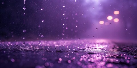 Photo of Raindrops falling on surface with purple hue and blurred lights