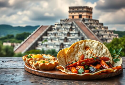 Ancient Aztec ruins backdrop, egg tarts, tortillas, fajitas arranged artistically,  gastronomy, ruins