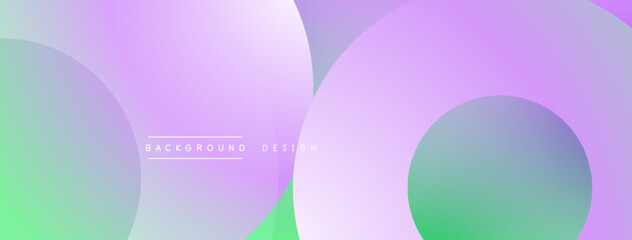 Abstract background features overlapping circles. Colors blend from green, purple, to blue. Minimalist design with text elements present.