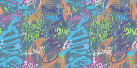 Graffity wall colorful tags seamless pattern, graffiti street art background. Hand drawn style wallpaper. Calligraphy element for t-shirt textile print. Illustration