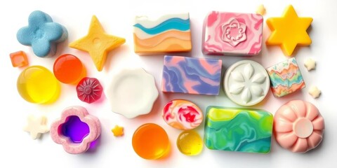 Artisan soaps, various shapes & colors, white background, beauty, detail