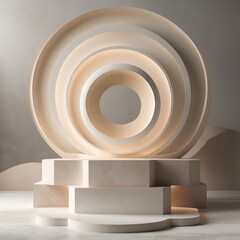 Fototapeta premium Abstract presentation with concentric circles and geometric platform in neutral color scheme