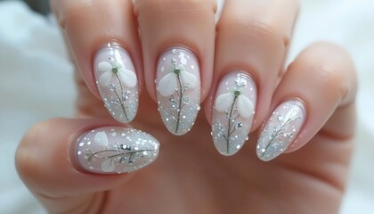  nails with a white base and intricate silver marbling effect.