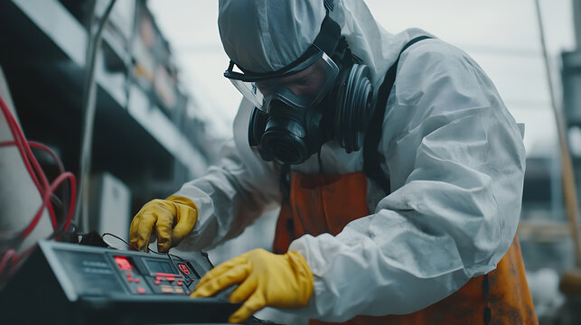 Person in Hazmat Suit Operating Electronic Device