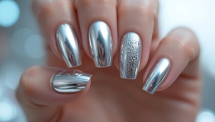 nails with a shiny silver chrome finish on all nails. silver chrome, chrome nails, metallic nails, oval nails, shiny nails, mirror finish, futuristic nails, modern manicure, nail art, silver polish, h