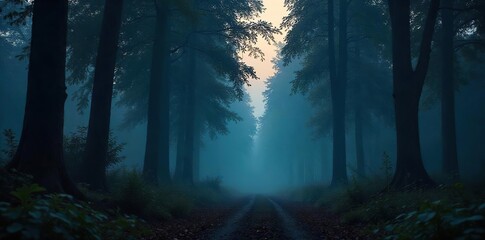 Naklejka premium A dense, shadowy forest at twilight, thick with mist and hinting at hidden pathways and clandestine operations; perfect for spy thriller or mystery themes , suspense, danger