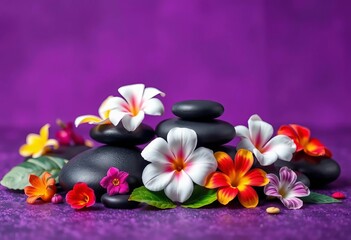 Black spa stones arranged with vibrant flowers on a rich purple background Relaxing self-care concept, tranquility, wallpaper
