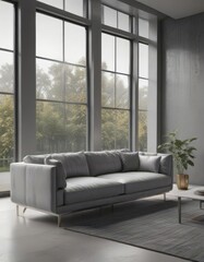 Obraz premium Sleek grey sofa, metallic accents, large windows, light, house