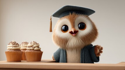 3D cute owl in graduation gown and cap with cupcakes - Adorable graduation theme render with soft matte texture and borderless design, ideal for invitation cards or educational projects