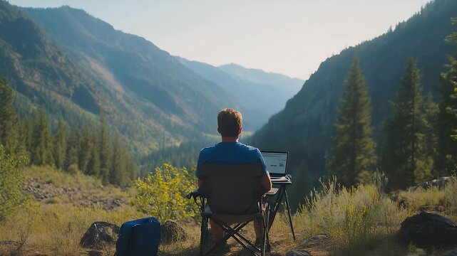Serene remote workspace in mountain valley