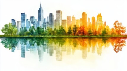 Obraz premium Cityscape Symmetry: A vibrant watercolor cityscape seamlessly transitions from cool blues to warm oranges, reflected perfectly in calm water below.