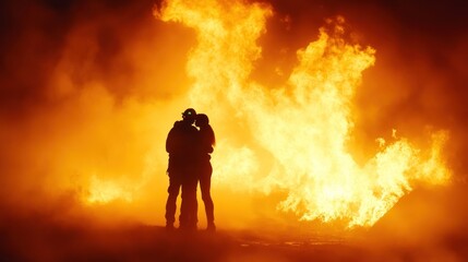 Fototapeta premium Silhouette of Couple Embracing Before Fiery Inferno