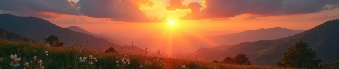 Fototapeta premium Serene sunrise over a tranquil landscape, conveying peace, faith, and spiritual connection with the divine Ideal for meditation, prayer, or religious themes , worship, grace, celestial