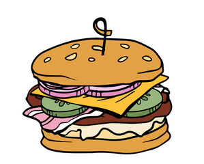 hamburger hand drawn vector color line illustration realistic sketch with  cheese, onion, cucumber, cutlet, hum, lettuce for poster, menu, package design