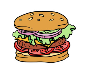 burger with cheese, onion, cutlet, tomatoes, lettuce, hamburger hand drawn vector color illustration sketch retro style. linear trendy style