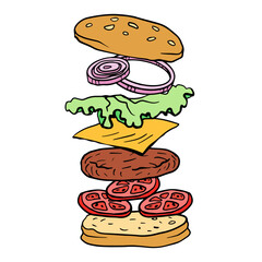 hamburger hand drawn vector color line illustration realistic sketch with its flying ingredients- cheese, onion, cutlet, tomatoes, lettuce for poster, menu, package design