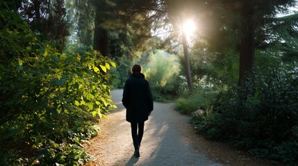 Person walking along a tree-lined path in the early morning sunlight at a serene park