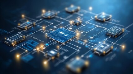 Obraz premium Circuit Board Visualization: A captivating visualization of a complex circuit board, showcasing the intricate network of electronic components and connections, illuminated with a soft, ethereal glow.
