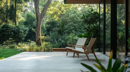 Tranquil outdoor patio space with comfortable seating overlooking lush greenery