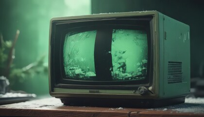 Close-up of vintage CRT with green tint & snowy image ,  faulty,  obsolete,  display
