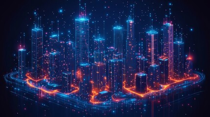 Obraz premium Digital Metropolis: A vibrant digital illustration showcasing a futuristic city rendered in glowing neon lights, a visual representation of interconnected technology.