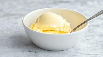 A Scoop of Creamy Vanilla Ice Cream in a White Bowl