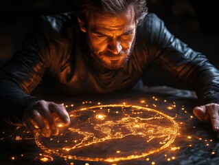 Illuminated Ritual: A captivating depiction of an individual, deeply engrossed in a mysterious illuminated ritual, his hands hovering above a glowing symbol, embodying intrigue and arcane knowledge.