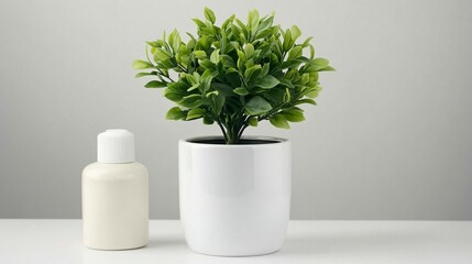 Artificial plant in white pot and bottle on table