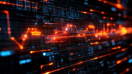 Obraz premium Data Stream Abstraction: An abstract image of digital information, visualized as orange waveform streams flowing through a circuit board.