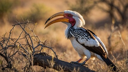 Yellow-billed Hornbill caught mid-peck in a dry bushveld area, 