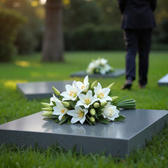Funeral flowers on marble grave in quiet mourning mood symbolizing respect and memory with one person in black standing in peaceful cemetery background