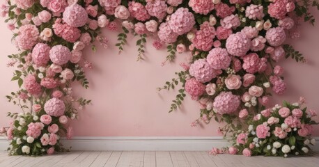 Antique-style pink floral wall, roses, hydrangeas, daisies  Romantic, refined backdrop ,  vintage,  antique