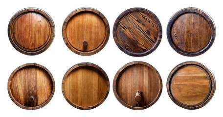Naklejka premium Various Wooden Barrel Tops for Rustic Decor and Craft Projects, isolated on transparent background