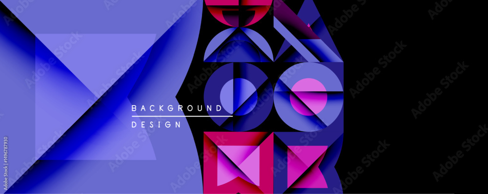 Poster abstract geometric composition. vivid blue, pink, purple hues dominate design. overlapping shapes cr