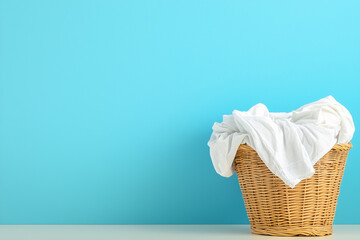 A wicker laundry basket filled with white clothes, set against a clean pastel blue background. Concept for cleanliness, laundry services, or home chores. Copy space for text. generative ai