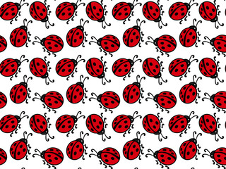 Fashionable seamless pattern with colorful ladybug on white background. Cute children's illustration with red bugs for baby. Design for invitation, poster, postcard, fabric, textile. © Olesia
