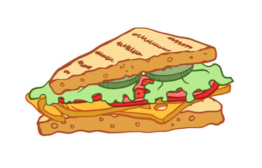 Triangle Sandwich sketch doodle Vector outline illustration with ham, lettuce, cucumber, cheese, tomato. Hand drawing Restaurant business concept for poster, flyer, card, menu, banner, coloring book.