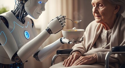A humanoid robot gently feeds soup to a disabled elderly woman in a wheelchair, showing empathy and care.