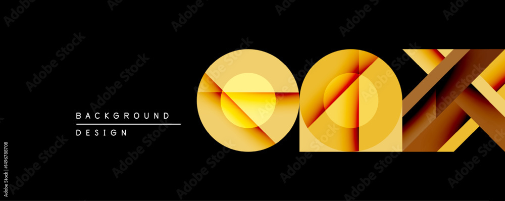 Poster Abstract golden shapes overlap black background. Geometric design features layered circles, squares, lines creating dynamic visual effect. Modern aesthetic suitable for digital projects.
