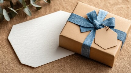 gift box with bow and graduation cap sticker next to blank white paper, beige background, top-down HD close-up, modern minimalist style for graduation social media and packaging design