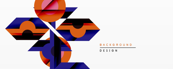 Abstract geometric design features overlapping orange, blue shapes. Minimalist composition with dynamic lines, creating modern visual impact. Clean aesthetic suitable for backgrounds.