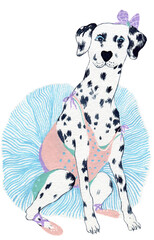 Charming hand-painted illustration of a Dalmatian dressed as a ballerina, wearing a tutu, ballet slippers, and a bow. Soft pastel tones and whimsical style evoke elegance, playfulness, and creativity. © Ekaterina