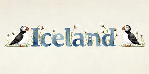 "Iceland" text typography with two puffins and cotton grass illustration. Watercolor style painting with word "Iceland" in bold blue letters on white paper.
